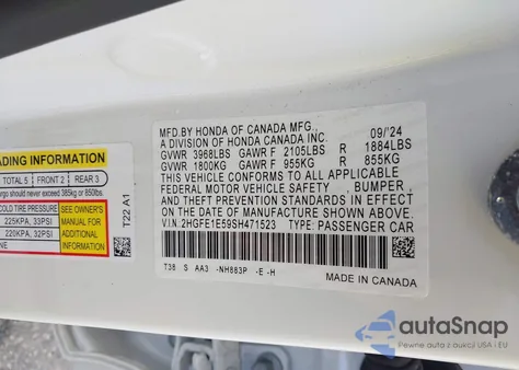 2025 Honda Civic Si Base W/High Performance Summer Tires/ из США, поврежденный, VIN 2HGFE1E59SH471523